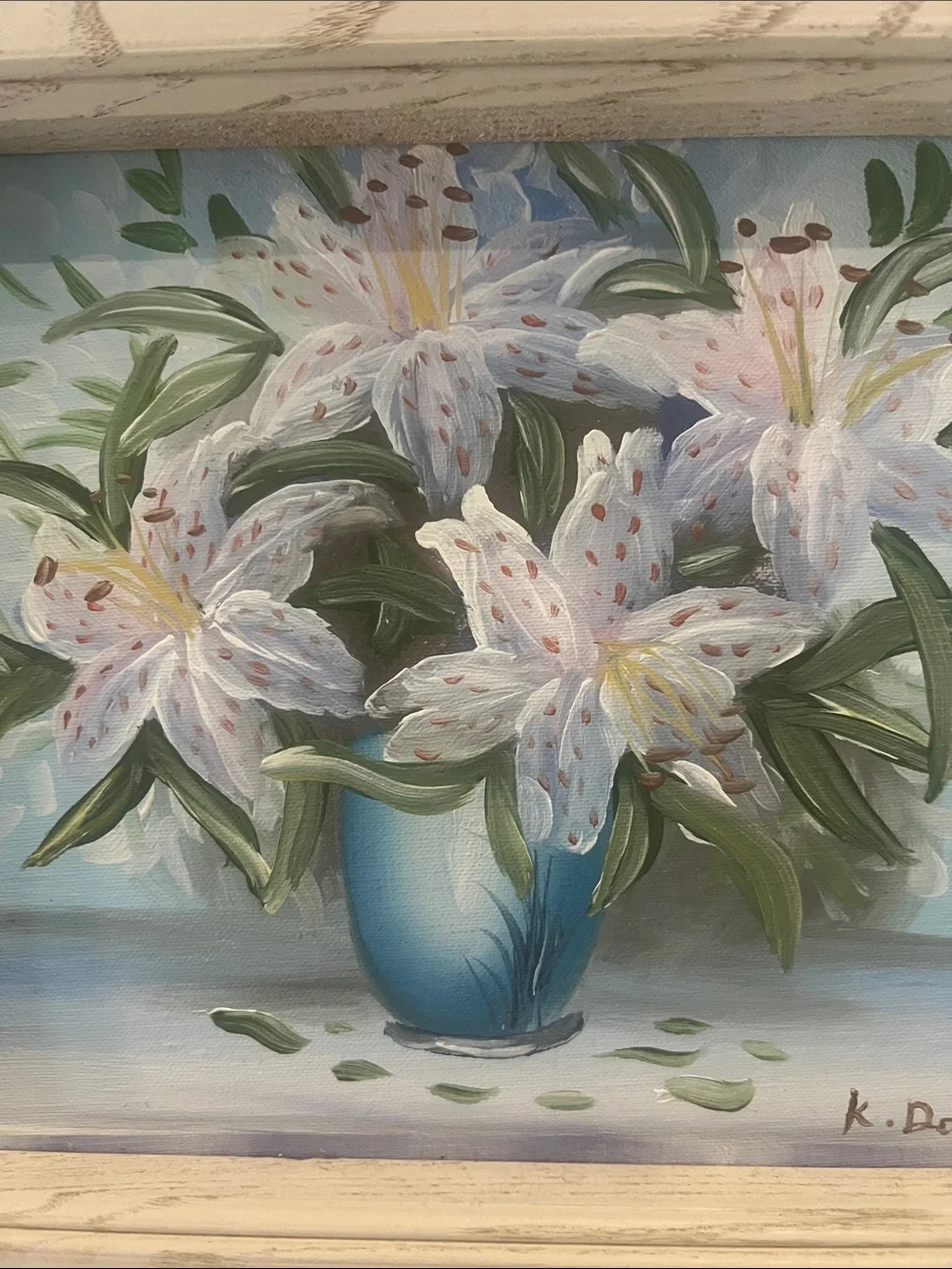 Framed Floral Painting with White Lilies and Blue Vase signed K dossi